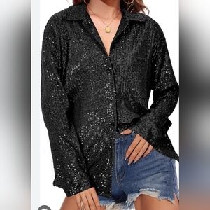 Hancy Elegant Black Sequin Button Down Shirt S/M/L New In Poly Bag